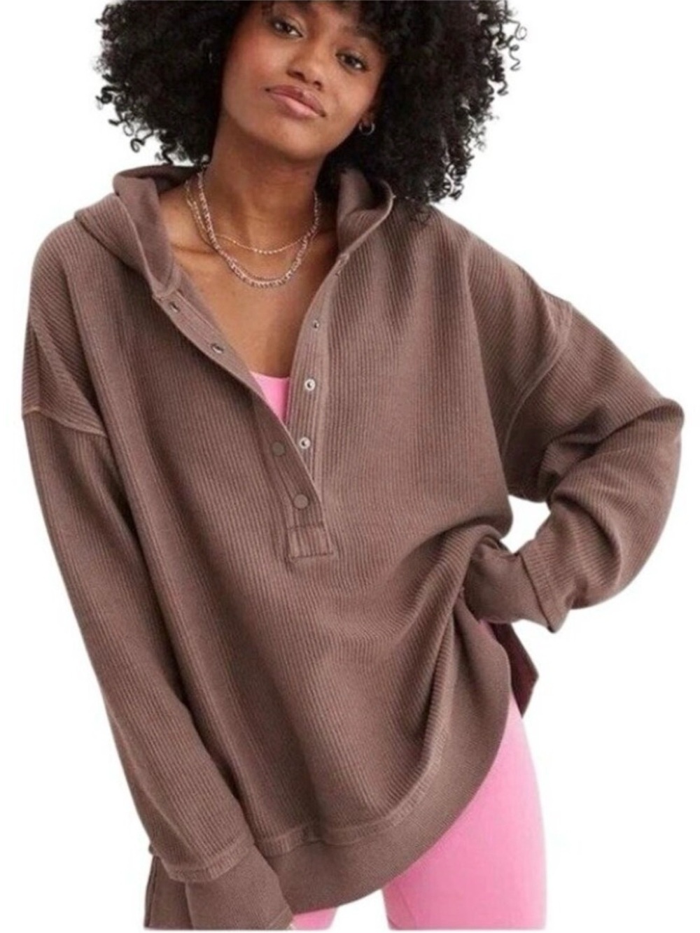 Aerie Oversized Waffle Henley Hoodie Sweater Taupe XL EUC Boho Casual Preppy